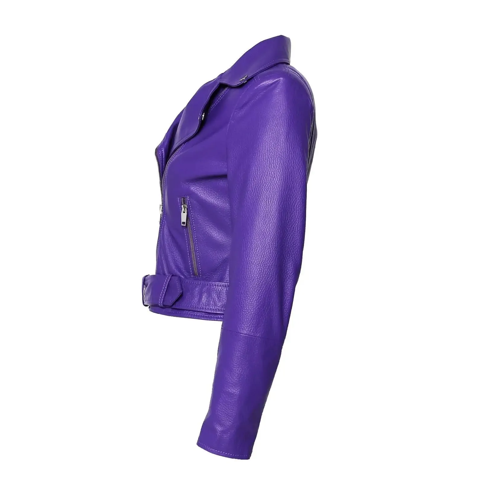 Vibrant Orchid Purple Deerskin Leather Women's Motorcycle Jacket with Bold Moto Features