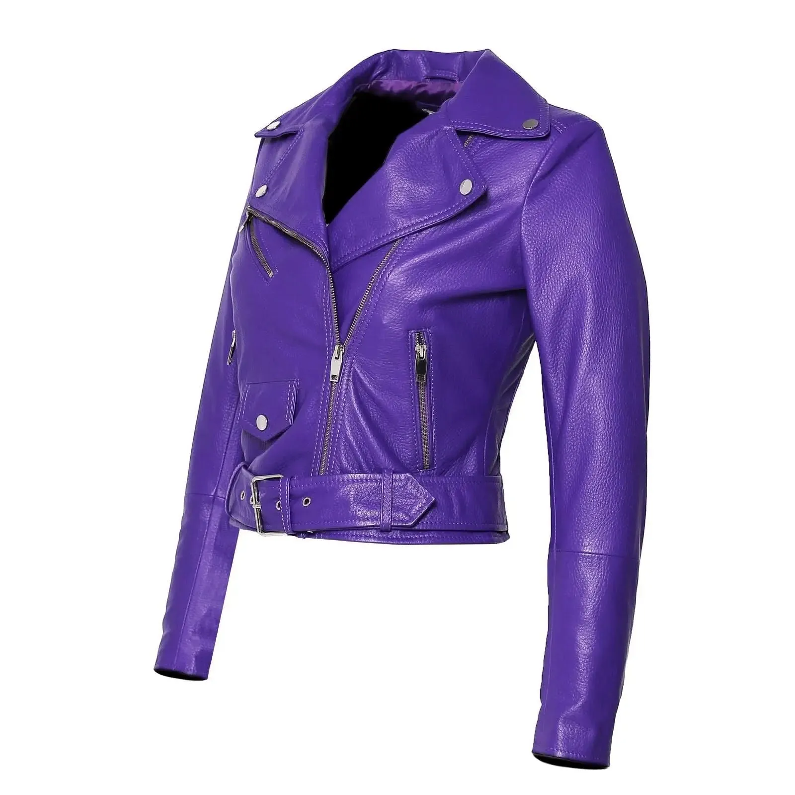 Vibrant Orchid Purple Deerskin Leather Women's Motorcycle Jacket with Bold Moto Features