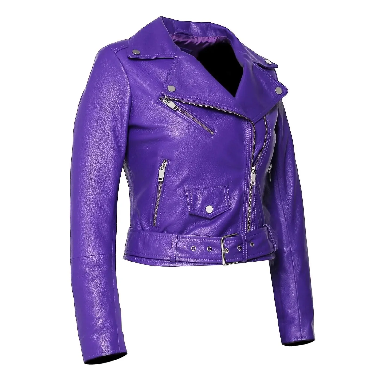 Vibrant Orchid Purple Deerskin Leather Women's Motorcycle Jacket with Bold Moto Features