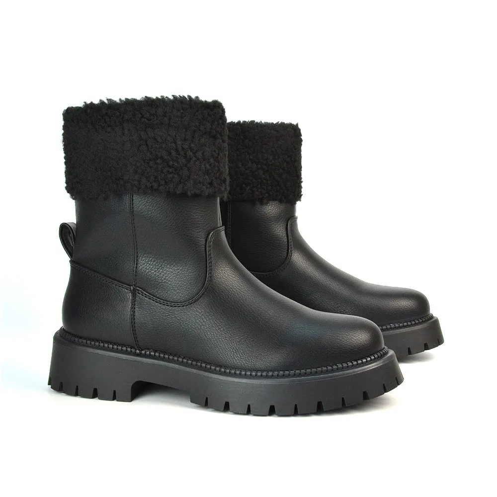 Vienna Faux Fur Chunky Biker Ankle Boots in Black PU