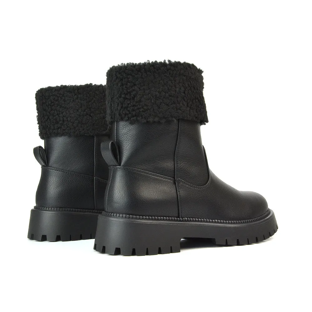 Vienna Faux Fur Chunky Biker Ankle Boots in Black PU