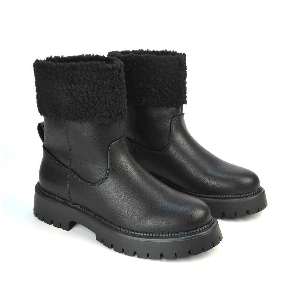 Vienna Faux Fur Chunky Biker Ankle Boots in Black PU