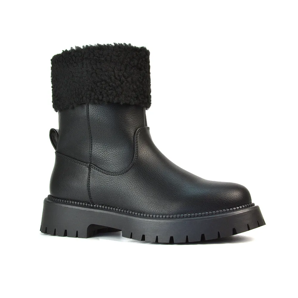 Vienna Faux Fur Chunky Biker Ankle Boots in Black PU