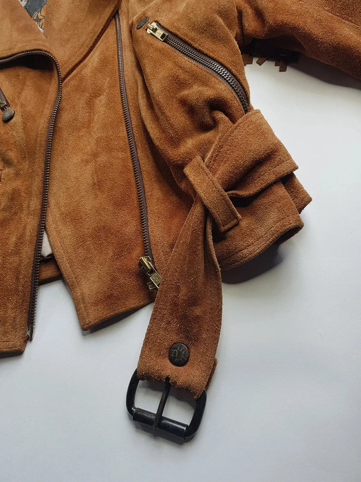 Vintage Perfect Motorcycle Tassel Jacket - Rich Tan 100% Genuine Suede - Metal Hardware - Fully Lined Jacket