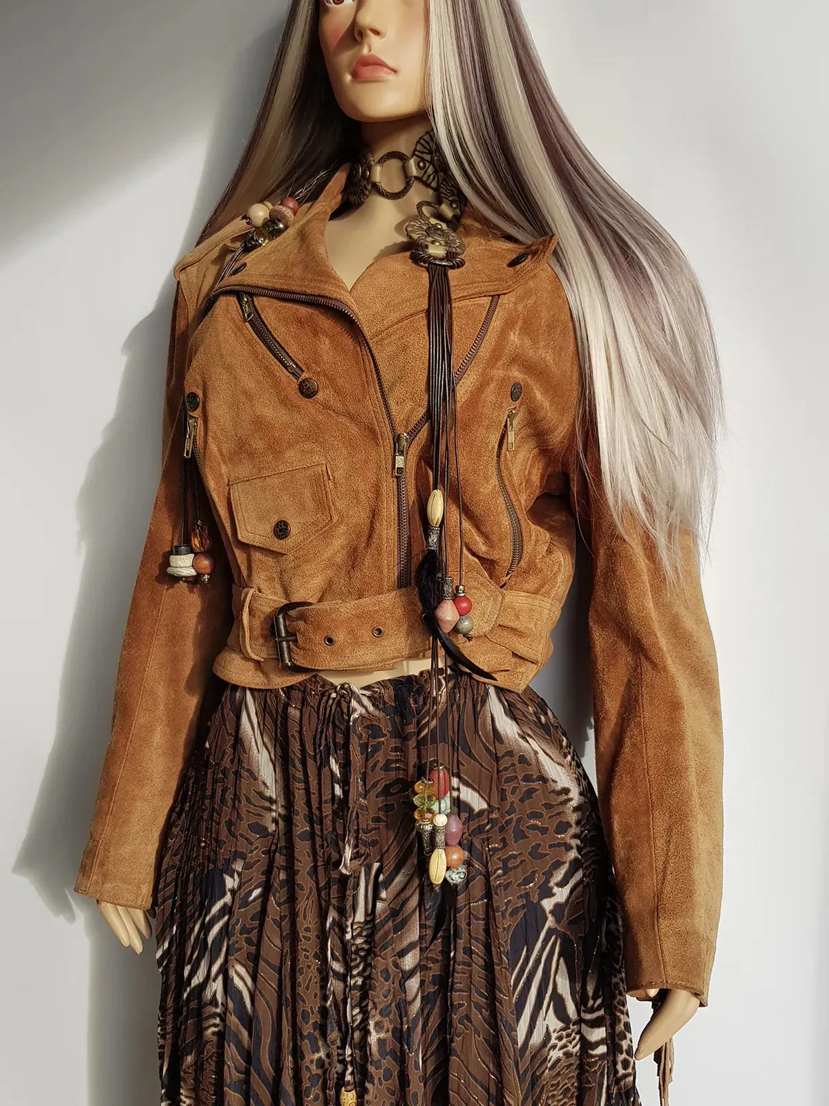 Vintage Perfect Motorcycle Tassel Jacket - Rich Tan 100% Genuine Suede - Metal Hardware - Fully Lined Jacket