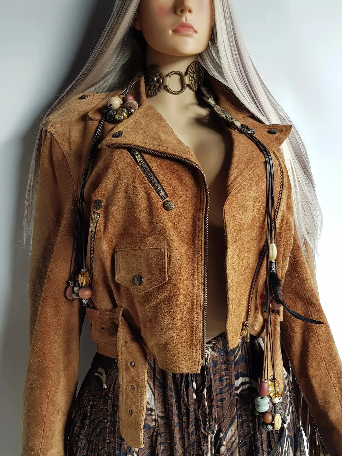 Vintage Perfect Motorcycle Tassel Jacket - Rich Tan 100% Genuine Suede - Metal Hardware - Fully Lined Jacket