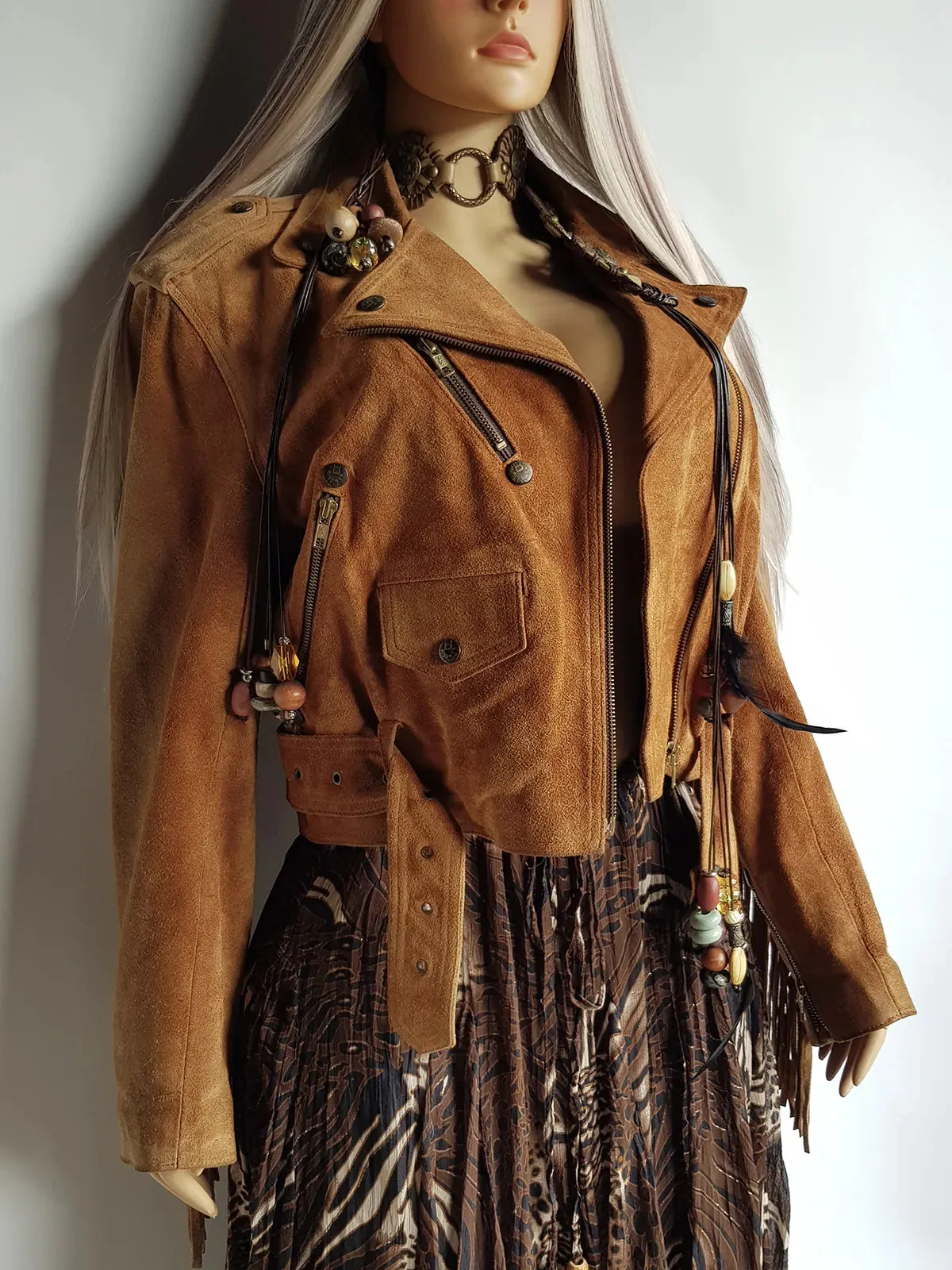 Vintage Perfect Motorcycle Tassel Jacket - Rich Tan 100% Genuine Suede - Metal Hardware - Fully Lined Jacket