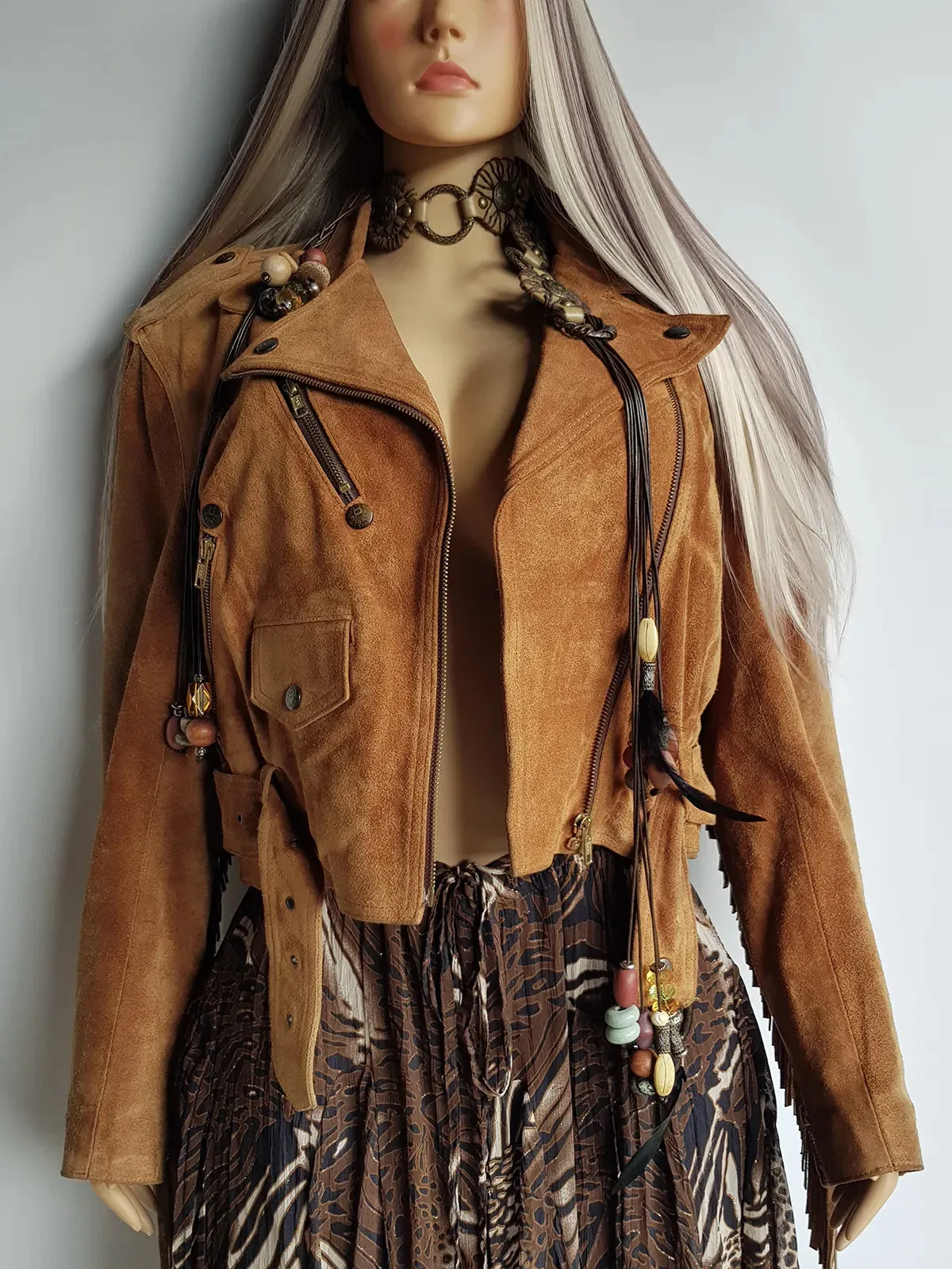 Vintage Perfect Motorcycle Tassel Jacket - Rich Tan 100% Genuine Suede - Metal Hardware - Fully Lined Jacket