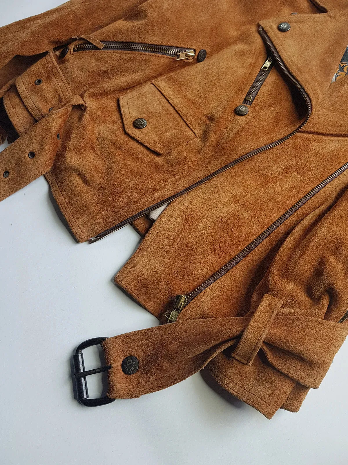 Vintage Perfect Motorcycle Tassel Jacket - Rich Tan 100% Genuine Suede - Metal Hardware - Fully Lined Jacket