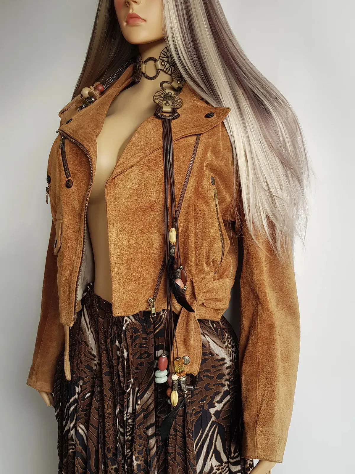 Vintage Perfect Motorcycle Tassel Jacket - Rich Tan 100% Genuine Suede - Metal Hardware - Fully Lined Jacket