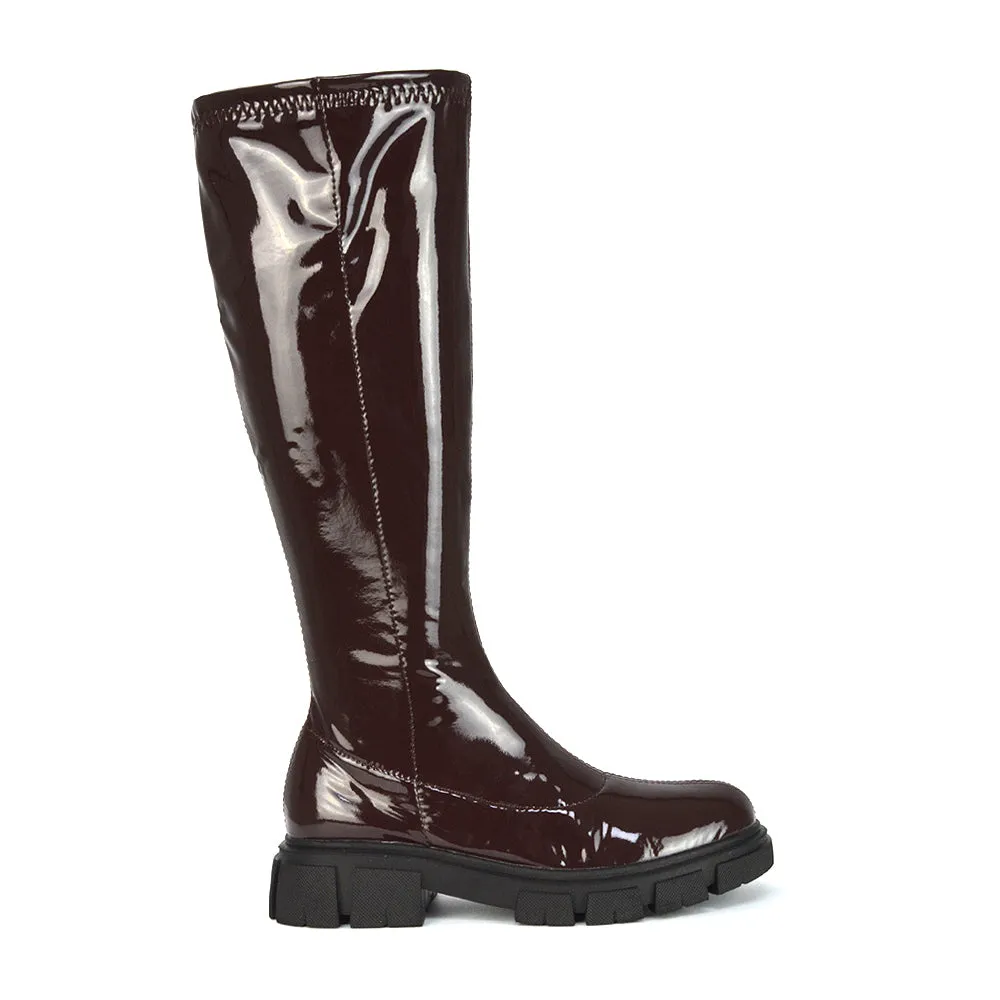 Wilma Chunky Cleated Sole Long Inside Zip-Up Flat Knee High Biker Boots In Brown Patent