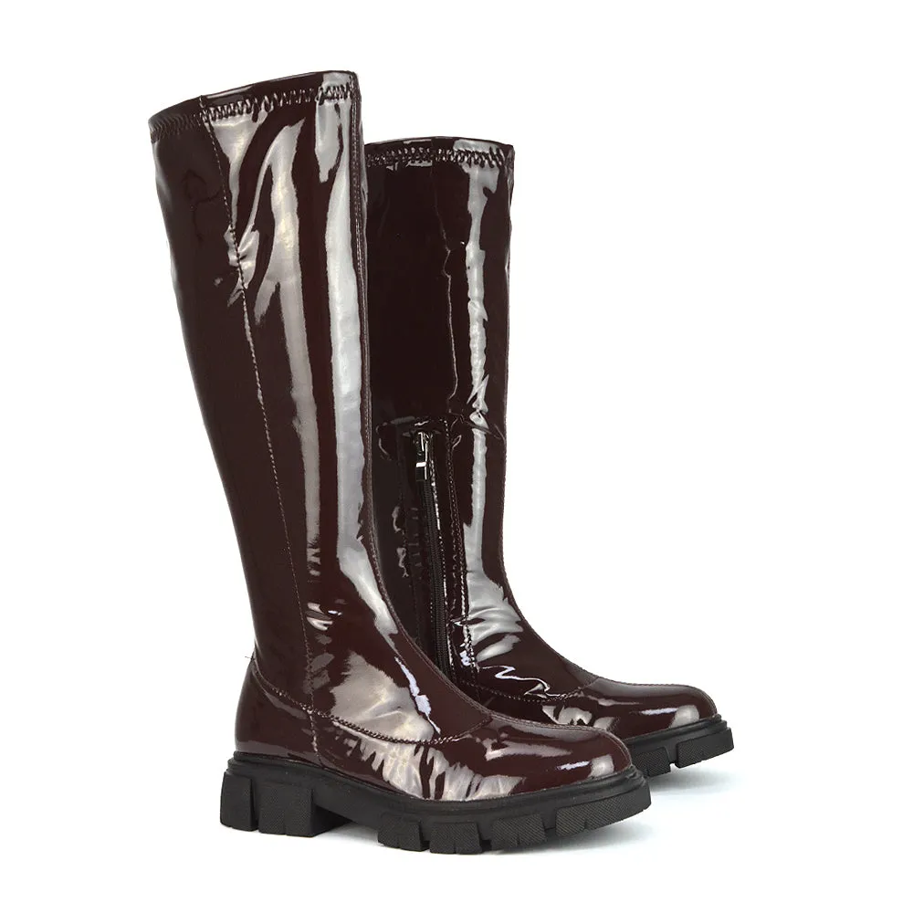 Wilma Chunky Cleated Sole Long Inside Zip-Up Flat Knee High Biker Boots In Brown Patent