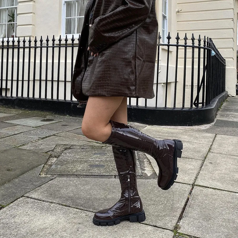 Wilma Chunky Cleated Sole Long Inside Zip-Up Flat Knee High Biker Boots In Brown Patent