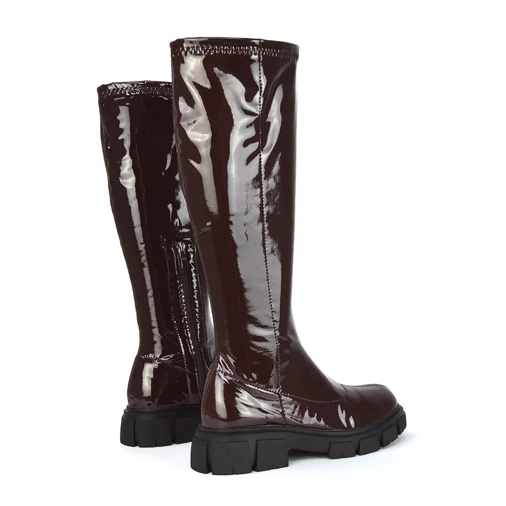 Wilma Chunky Cleated Sole Long Inside Zip-Up Flat Knee High Biker Boots In Brown Patent