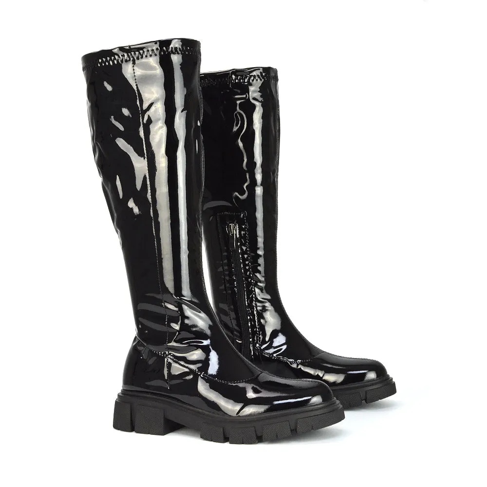 Wilma Chunky Cleated Sole Long Inside Zip-Up Flat Knee High Biker Boots In Brown Patent