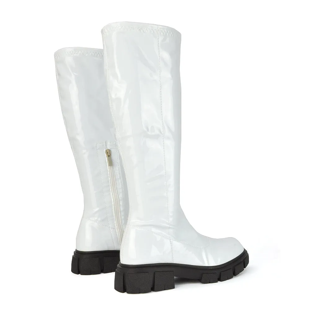 Wilma Chunky Cleated Sole Long Inside Zip-Up Flat Knee High Biker Boots In White Patent