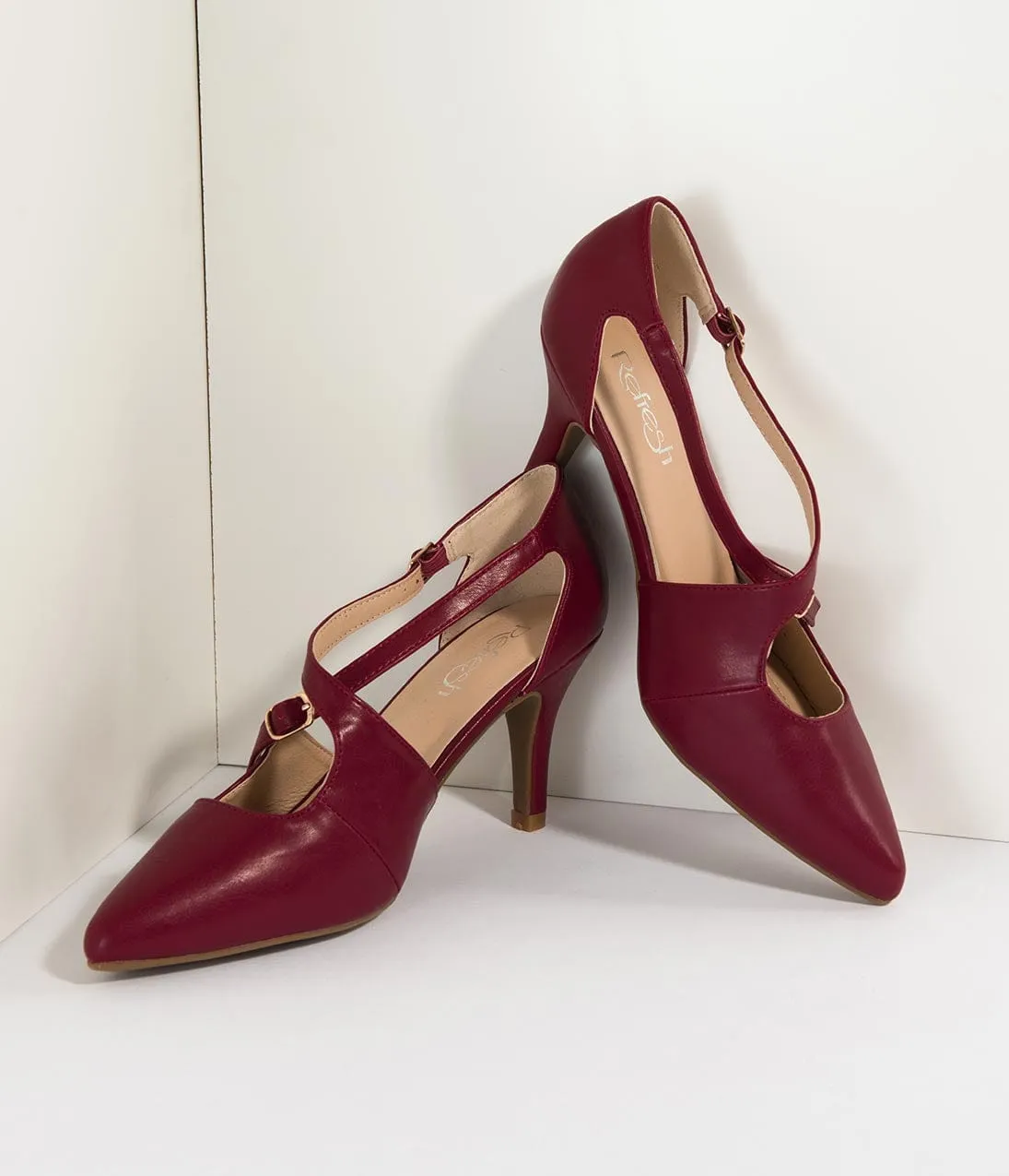 Wine Red Leatherette Cross Strap Pointed Toe Pumps