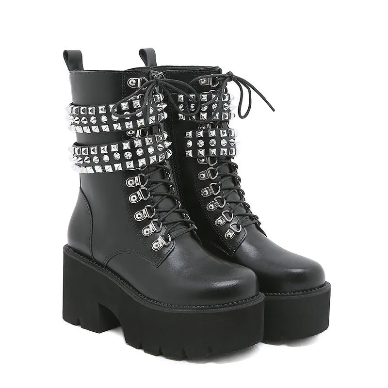 Women biker fashion short studded lace up side zipper black boots