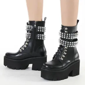 Women biker fashion short studded lace up side zipper black boots