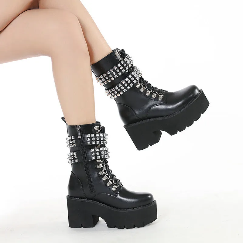 Women biker fashion short studded lace up side zipper black boots