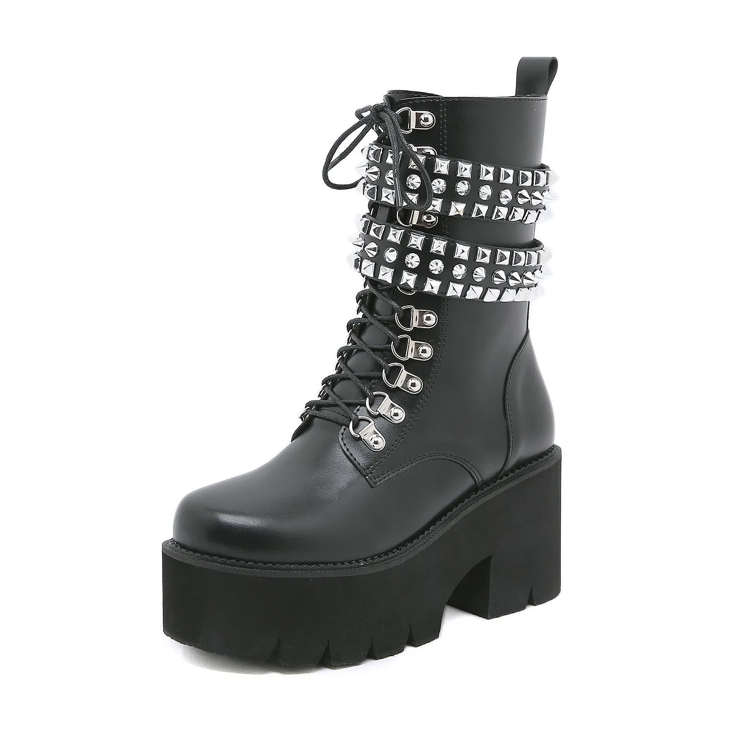 Women biker fashion short studded lace up side zipper black boots