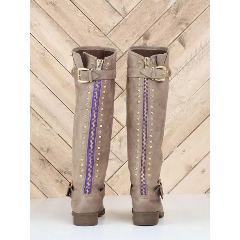 Women chunky heel studded buckle strap zipper knee high cowboy boots