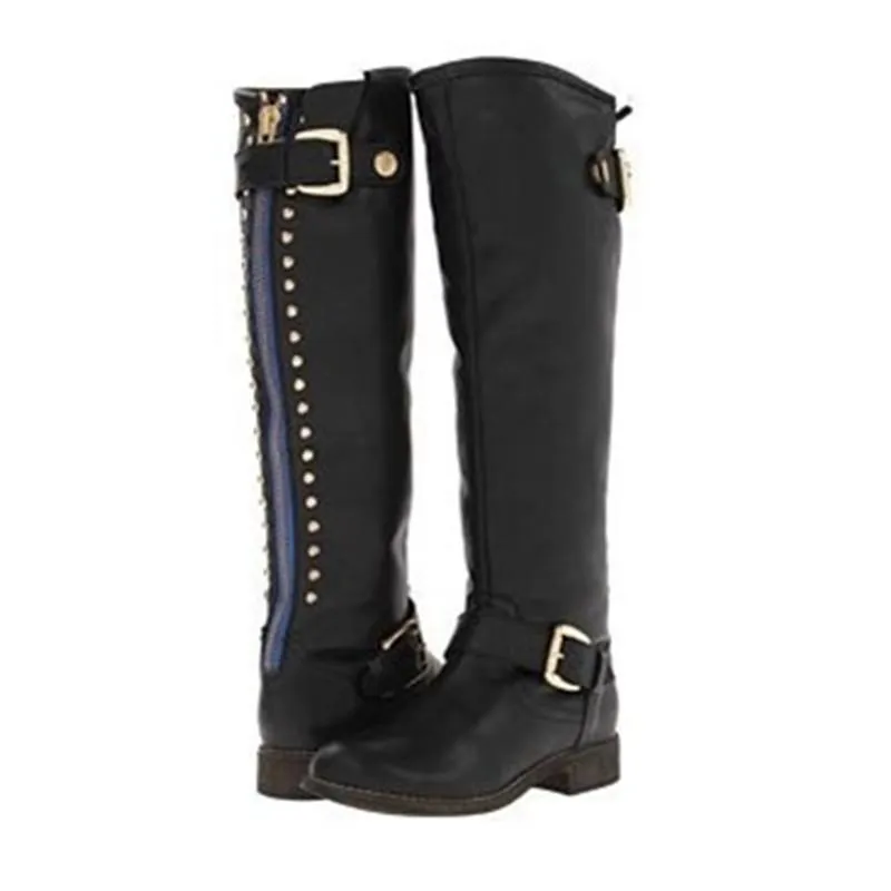 Women chunky heel studded buckle strap zipper knee high cowboy boots