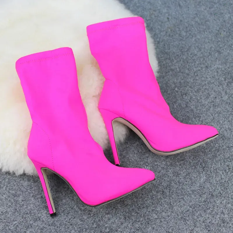 Women Fetish Silk Sock Boots 11.5Cm High Heels Stretch Fashion Heels Peach Ankle Boots Peach Rose Red plus Size 43 Shoes