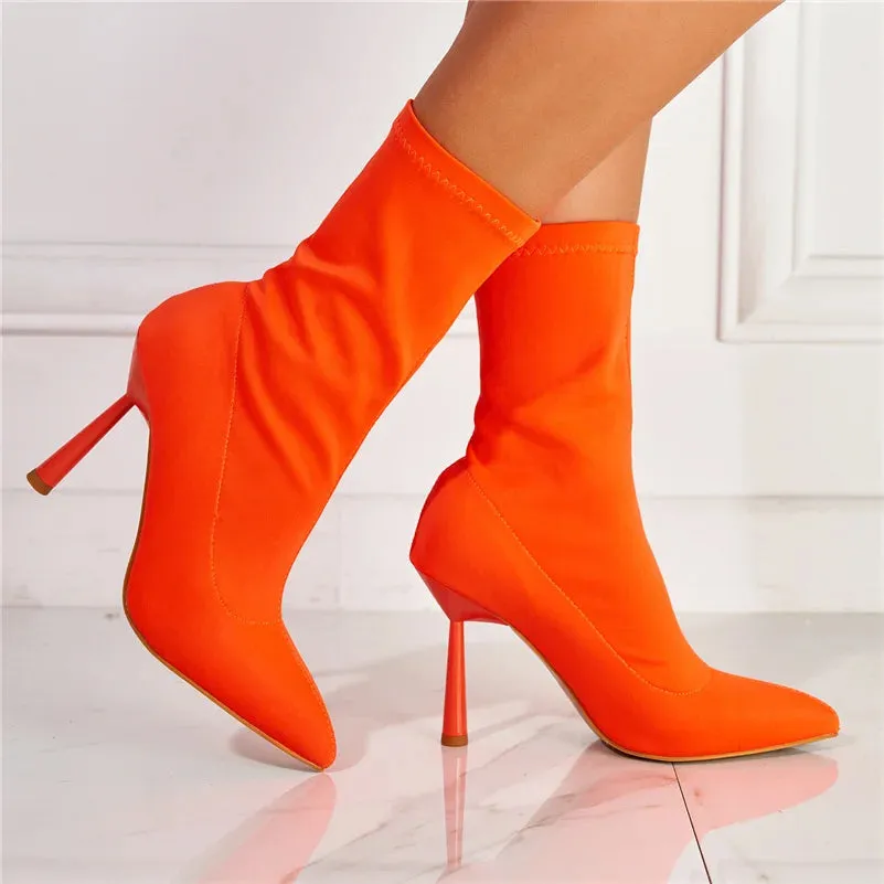 Women Fetish Silk Sock Boots 11.5Cm High Heels Stretch Fashion Heels Peach Ankle Boots Peach Rose Red plus Size 43 Shoes