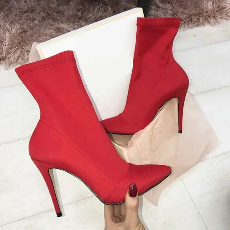 Women Fetish Silk Sock Boots 11.5Cm High Heels Stretch Fashion Heels Peach Ankle Boots Peach Rose Red plus Size 43 Shoes