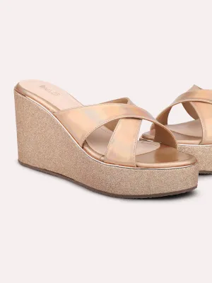 Women Rose Gold-Toned Shimmery Cross Strap Wedge Heels