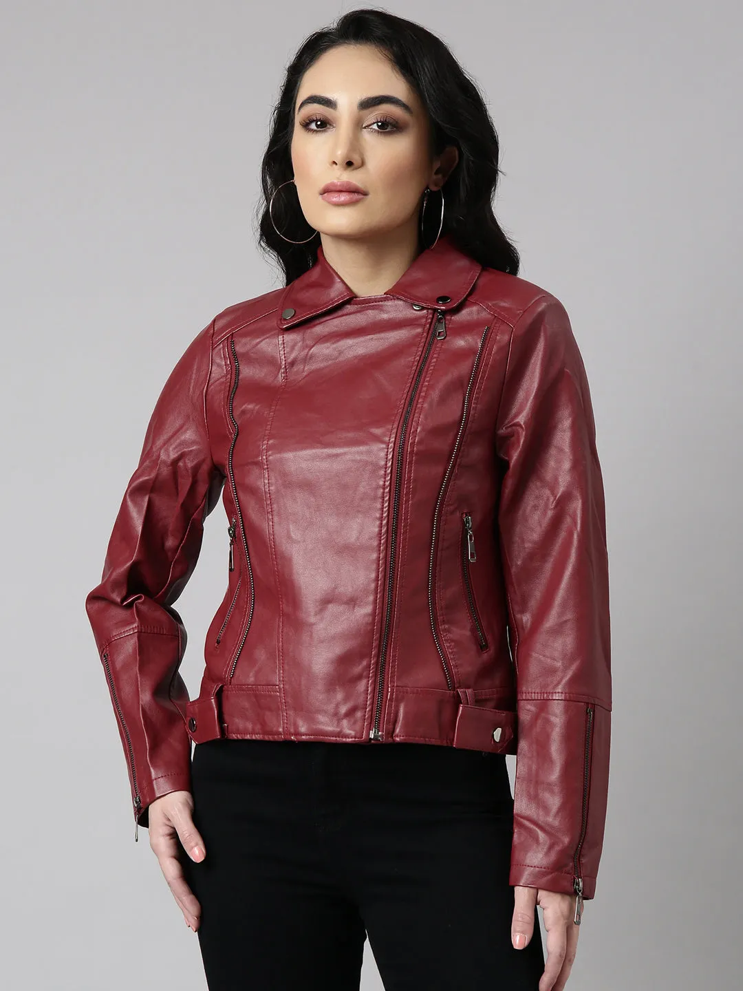 Women Solid Maroon Biker Jacket