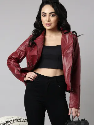 Women Solid Maroon Biker Jacket