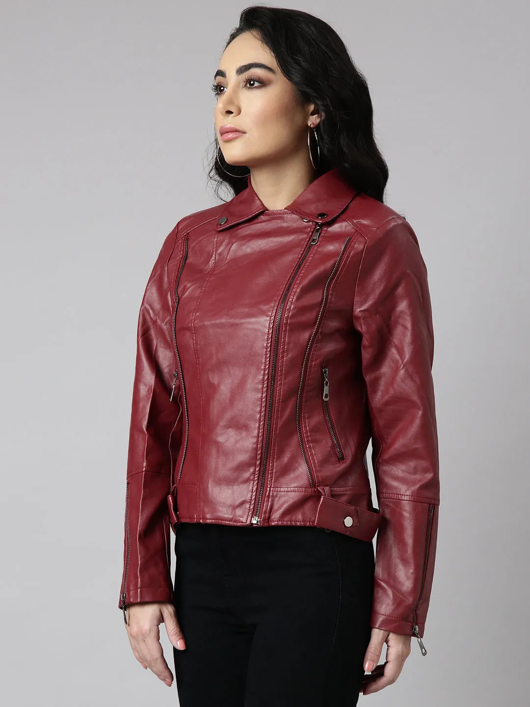 Women Solid Maroon Biker Jacket