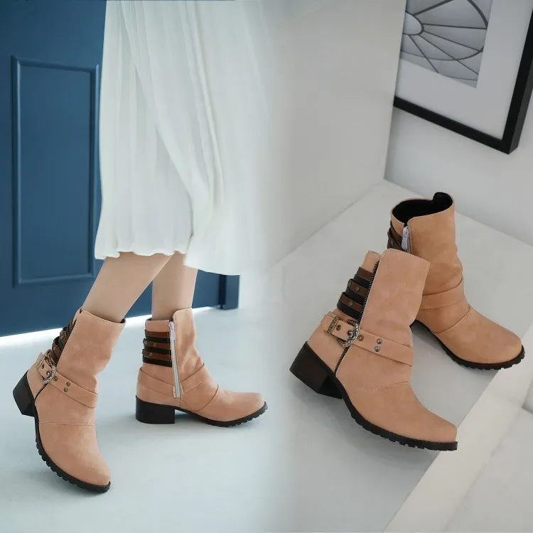 Women's Buckle Belt Low Heels Short Boots