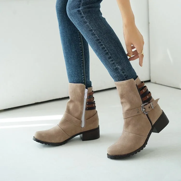 Women's Buckle Belt Low Heels Short Boots