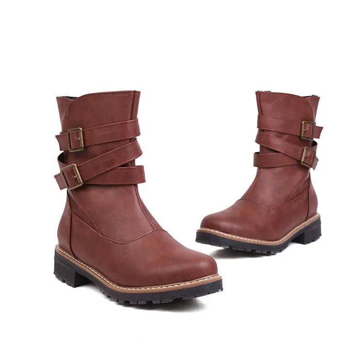 Women's Buckle Straps Side Zippers Ankle Boots