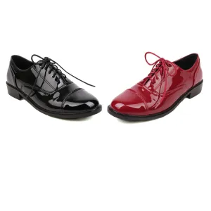 Women's Glossy Round Toe Lace-Up Flat Oxford Shoes