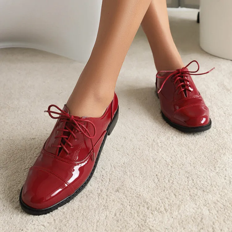 Women's Glossy Round Toe Lace-Up Flat Oxford Shoes