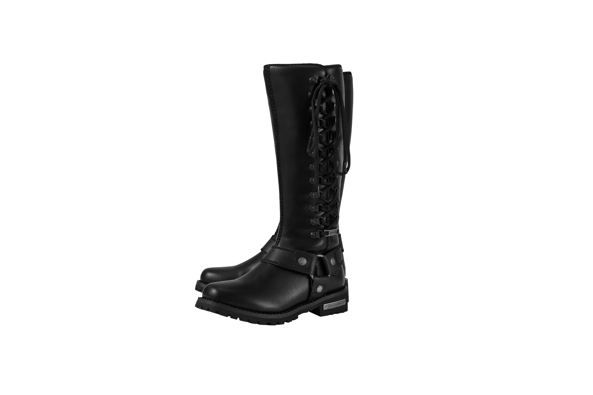 Women's Long Laced and Zipper Side Biker Boots Black