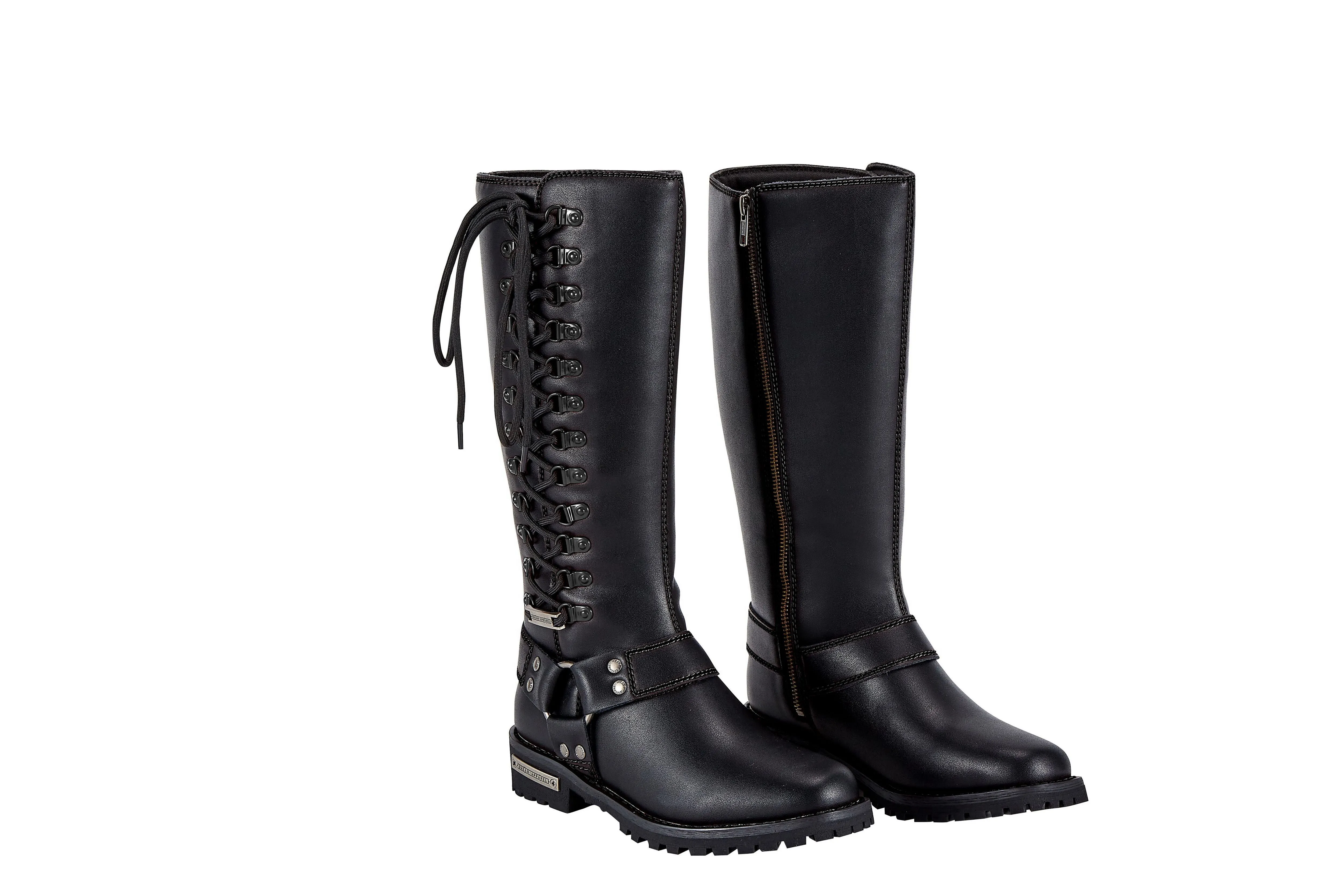 Women's Long Laced and Zipper Side Biker Boots Black