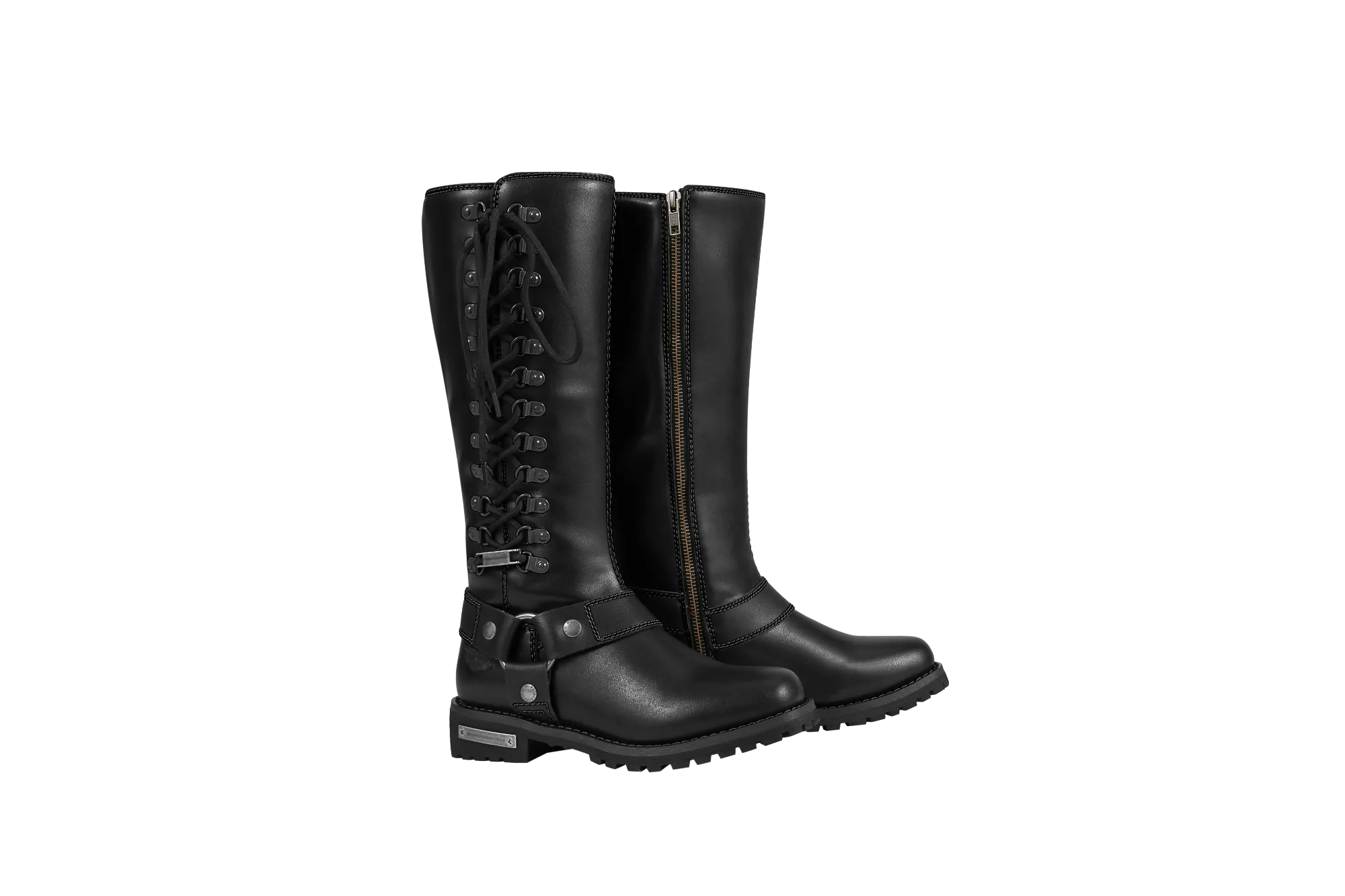 Women's Long Laced and Zipper Side Biker Boots Black