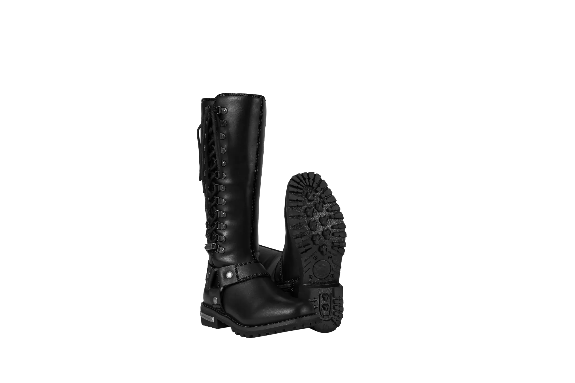 Women's Long Laced and Zipper Side Biker Boots Black