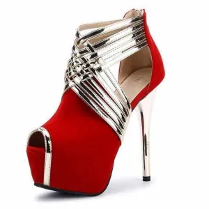 Women's Red & Gold Cross Strap Peep Toe Ankle Boots