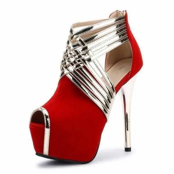 Women's Red & Gold Cross Strap Peep Toe Ankle Boots