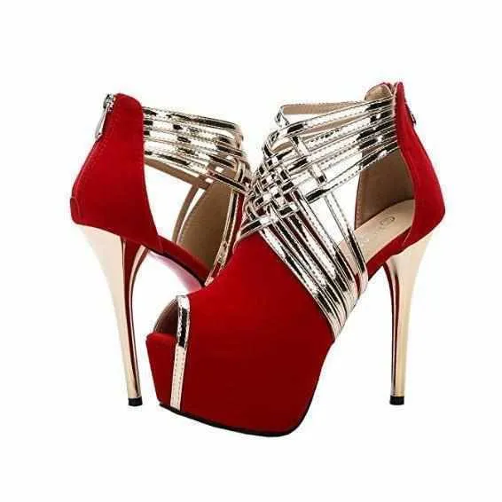 Women's Red & Gold Cross Strap Peep Toe Ankle Boots