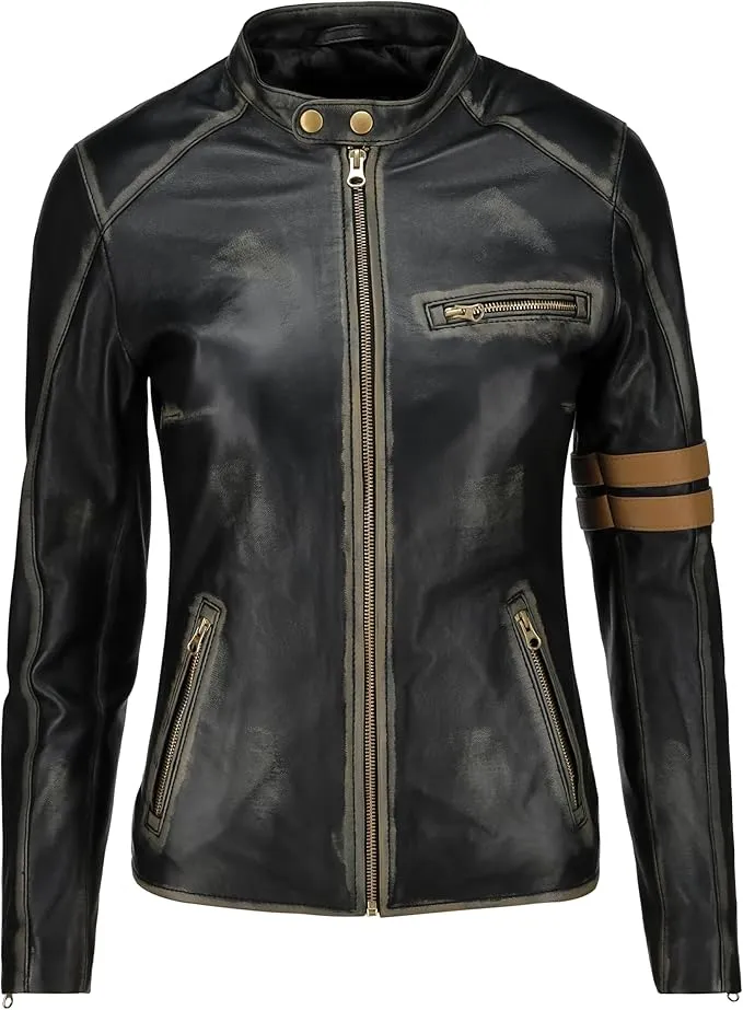 Women's Vintage Distressed Black Leather Biker Jacket WD02