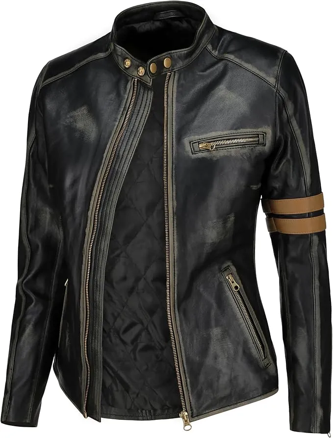 Women's Vintage Distressed Black Leather Biker Jacket WD02