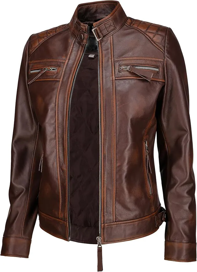 Women's Vintage Distressed Leather Biker Jackets WD03