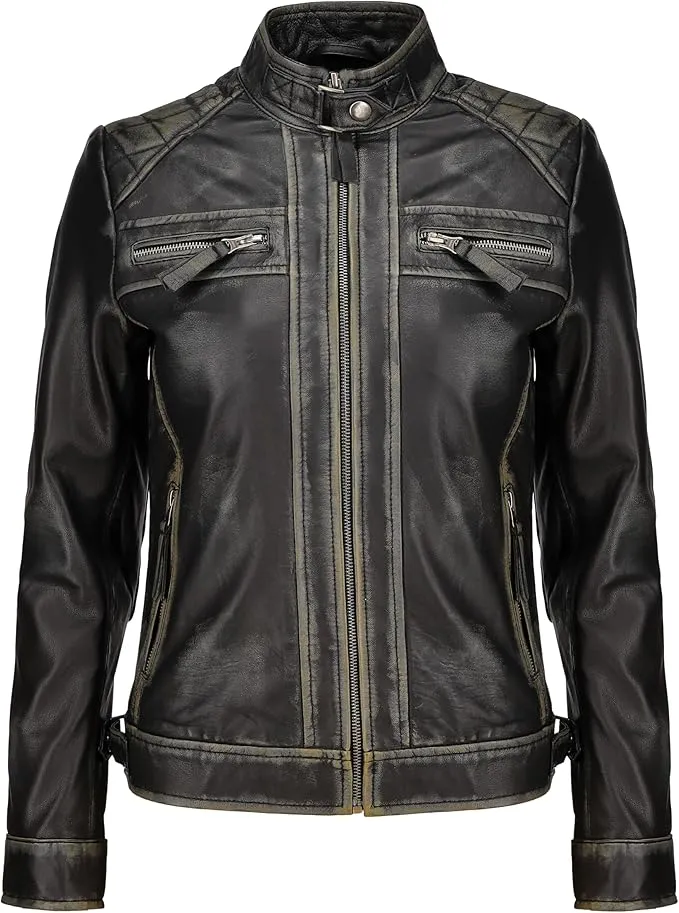 Women's Vintage Distressed Leather Biker Jackets WD03